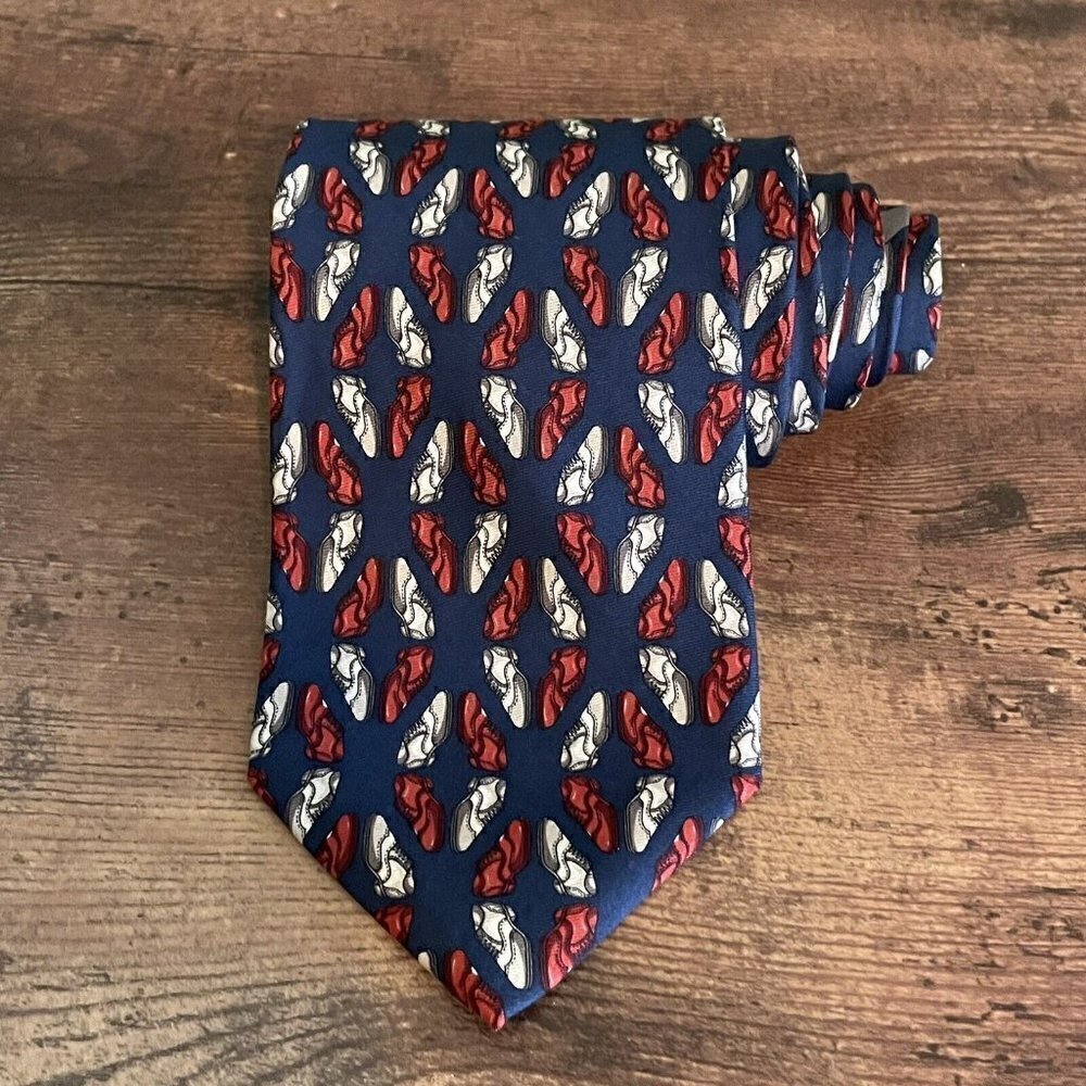 Bally Mens Silk Necktie USA Made Navy Blue Spectator Wingtip Shoe Novelty Print